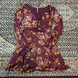 Free People Burgundy Keyhole Cutout Floral Long Sleeve Dress